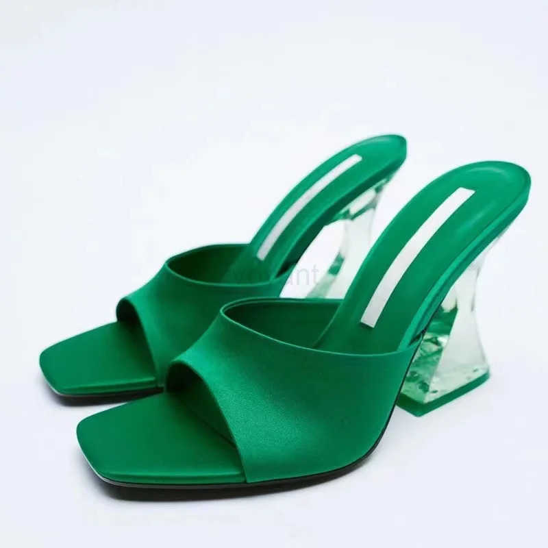 Summer Green Wens Shoes Slippers Silky Wide Band Transparent Strange High H Cfortable PU Leather Slides Sandals Pumps Z250304