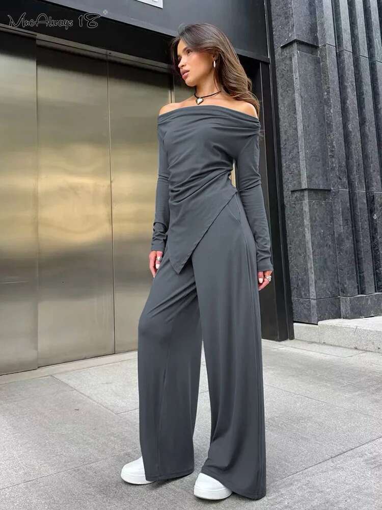 Gray Office Knitwear Pants Sets Women Slash Neck Tees And Wide Legs Trousers Solid Two Pieces Suits Spring 2024 Lady