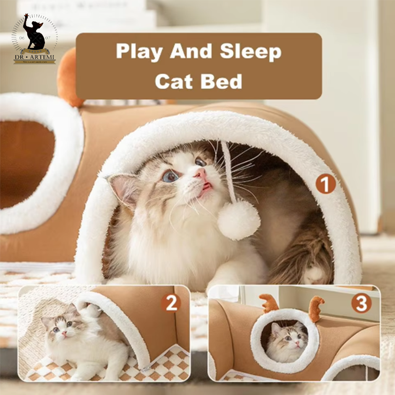 Pet Cat Tunnel Bed House with Peekaboo Plush Ballet Toy Indoor Kitten Tube Accent for Multiple Small Cats for Rabbit