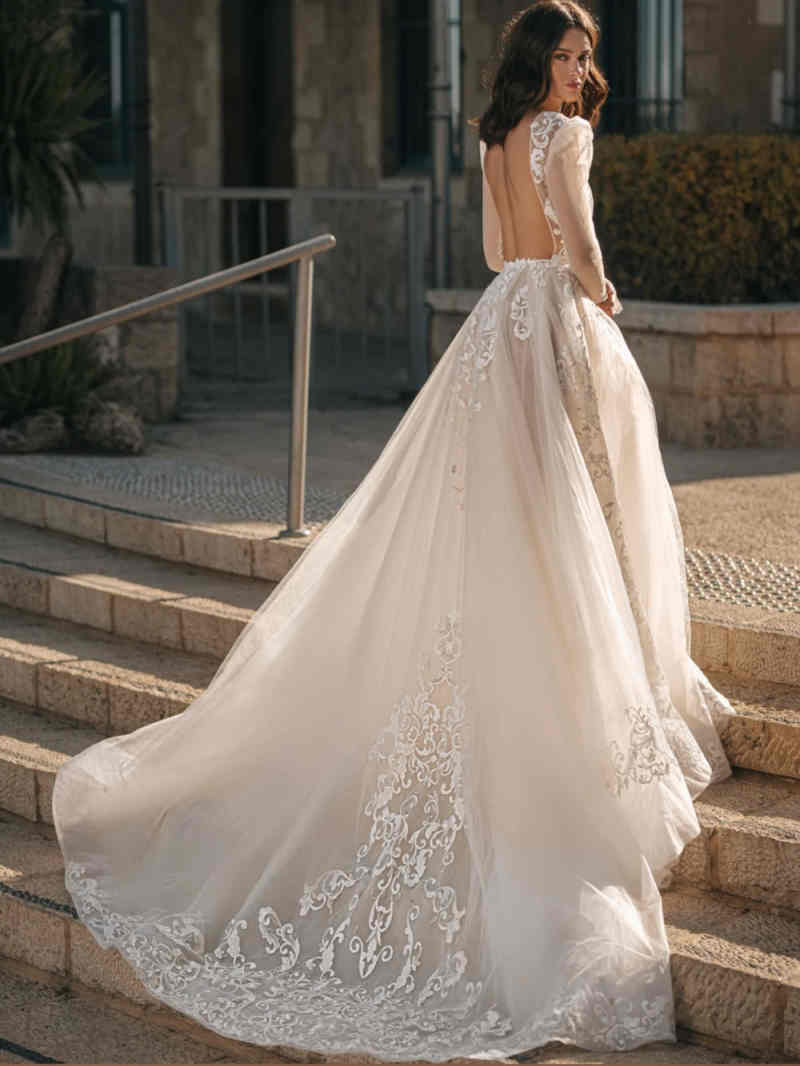 A e Wedding Dresses Deep V Neck Lace Appliques Long Sleeve Bridal Gowns Sexy Backless Bride Dress Customized