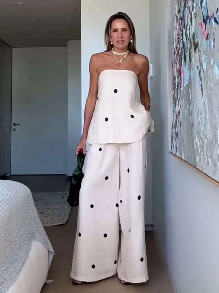 Women's Round Dot Print Off Shoulder Zipper Top Sets Fashion Backless Casual High Waist Long Pants Suit Female Streetwear