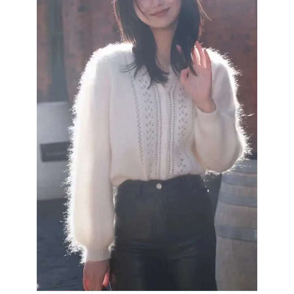 Women Hollowed Out Crochet Sweater O-Neck 2025 Spring Long Sleeve Solid Color Top Ladies Elegant Single Breasted Knit Cardigan