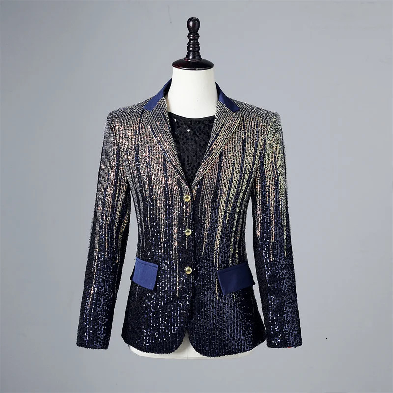 Shiny Gradient Sequin Suit Jackets Men Lapel Collar Tuxedo Blazers Male Wedding Party Singer Host Stage Performance Costume 250304