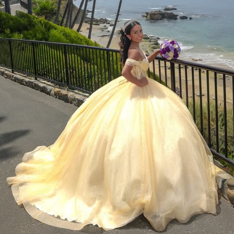 Yellow Shiny Quinceanera Dresses Ball Gown Off The Shoulder Beading Crystal Corset Tull Party Birthday Sweet 16 Vestidos 15 De Anos