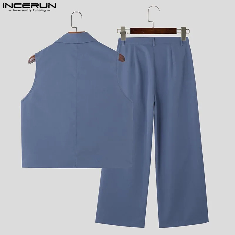INCERUN Men Sets Solid Color Lapel Sleeveless Double Breasted Vests Pants 2PCS Streetwear 2024 Fashion Casual Suits y250303