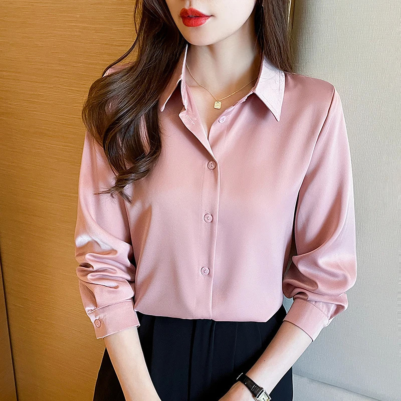 elegant satin shirts solid color ladies shirts fashion causal Womens Blouses Long Sleeve Shirts Tops Blusas Mujer 250303