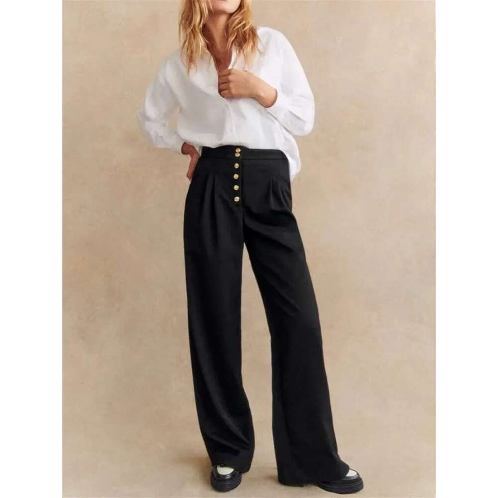 High Waist Long Pants Women Gold Single Breasted Casual 3 Colors Female Wide Leg Trousers 2025 Spring