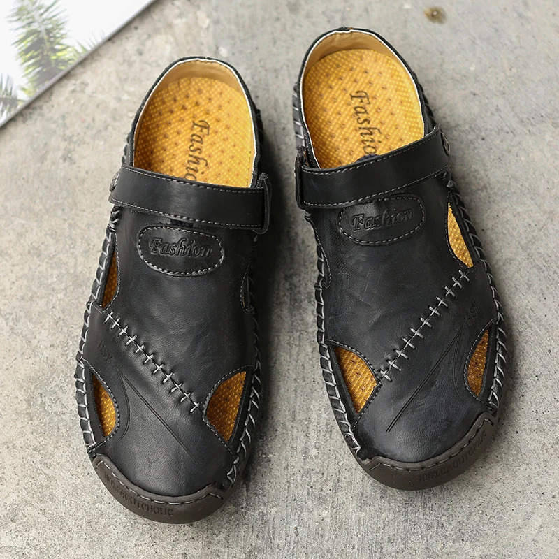 Outdoor Genuine Leather Mens Sandals Summer Non-slip Anti-collision Toe Beach Casual Shoes Walking Hiking Travel Shoes Men 250303