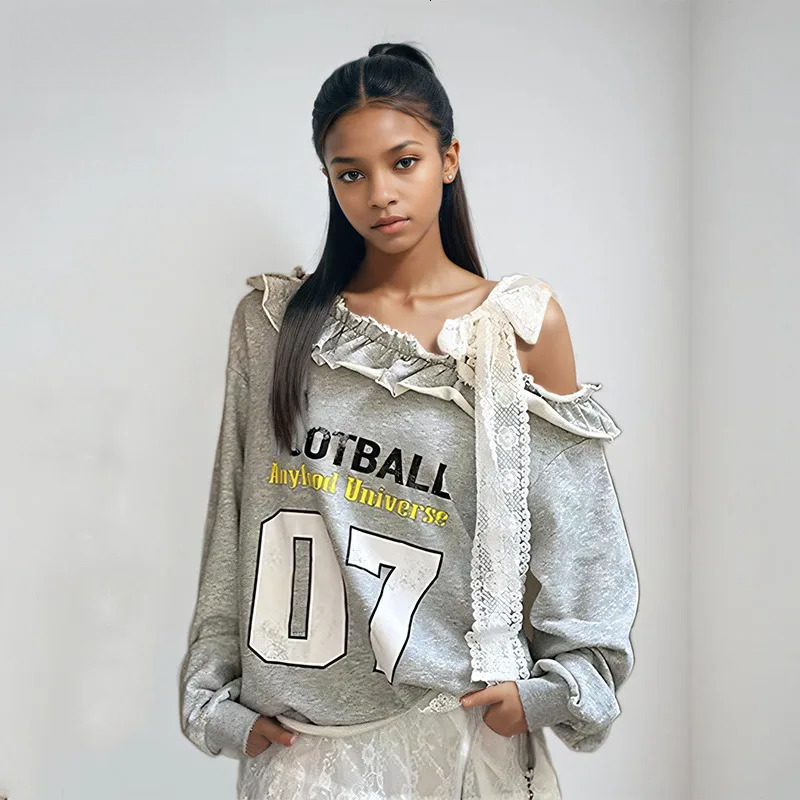 2025 Spring New Fashion Skew Collar Sports Letter Patchwork Lace Top For Women Trendy Long Sleeves T-Shirt Female 111A02459