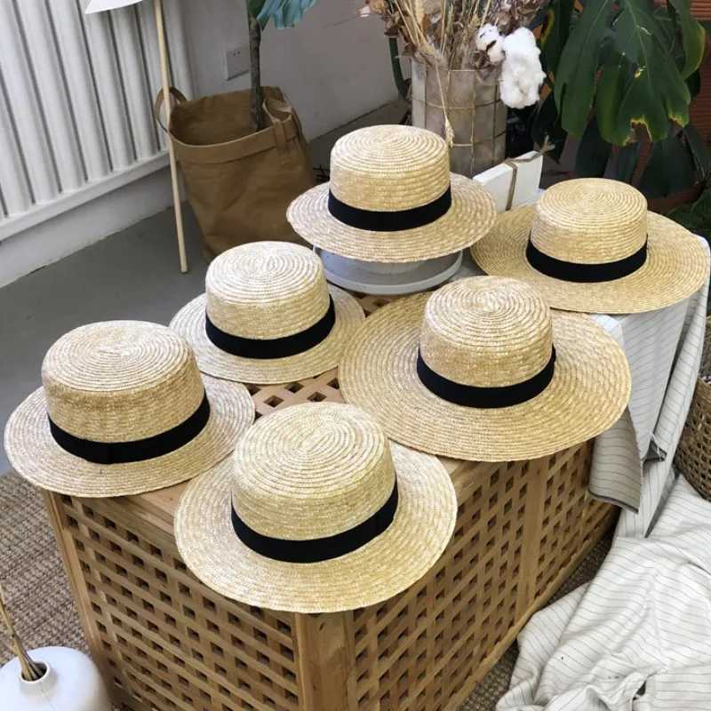 Summer Black White Ribbon Beach Sun Hats Women Men 5/7/10cm Wide Brim Uv Protection Str Hat Female Round Flat Top Panama CsXJ250304