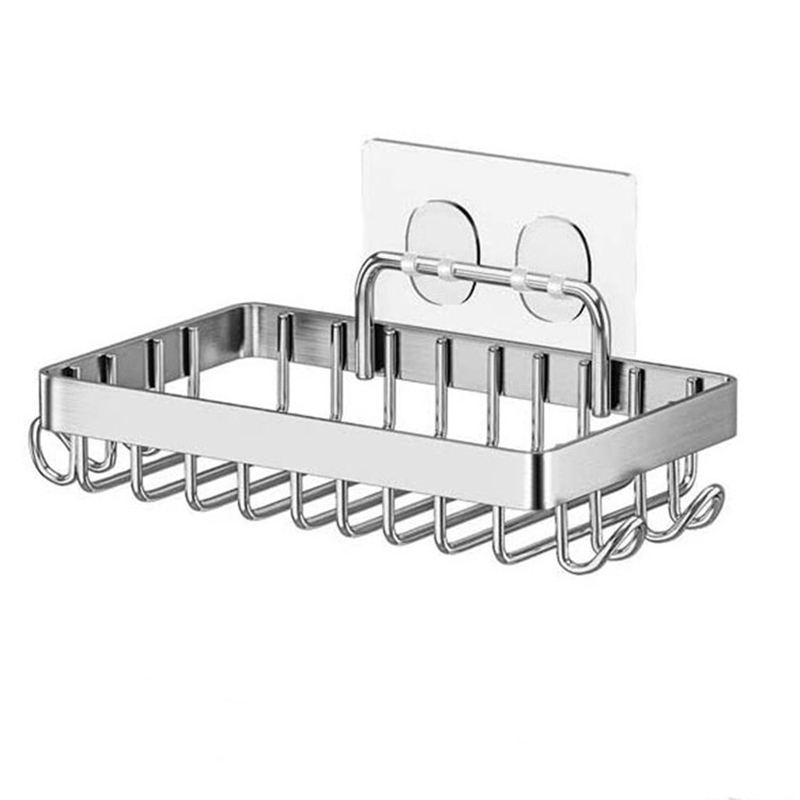 Wall Mounted Soap Rack Soap Shampoo Shower Tool Holder Stainless Steel Sponge Dish With Hooks Bathroom Kitchen With Adhesive