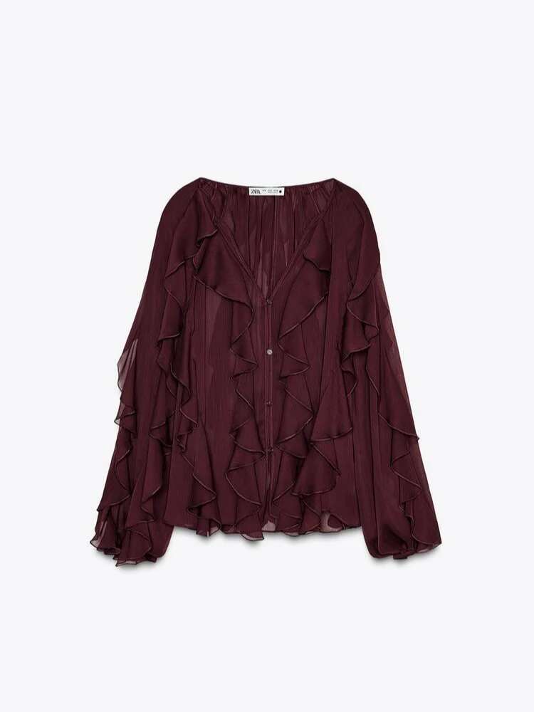 Spring Bury Layer Ruffles Shirts For Woman Casual V Neck Full Sleeve Loose Blouse New Female High Street Office Outfits 2025