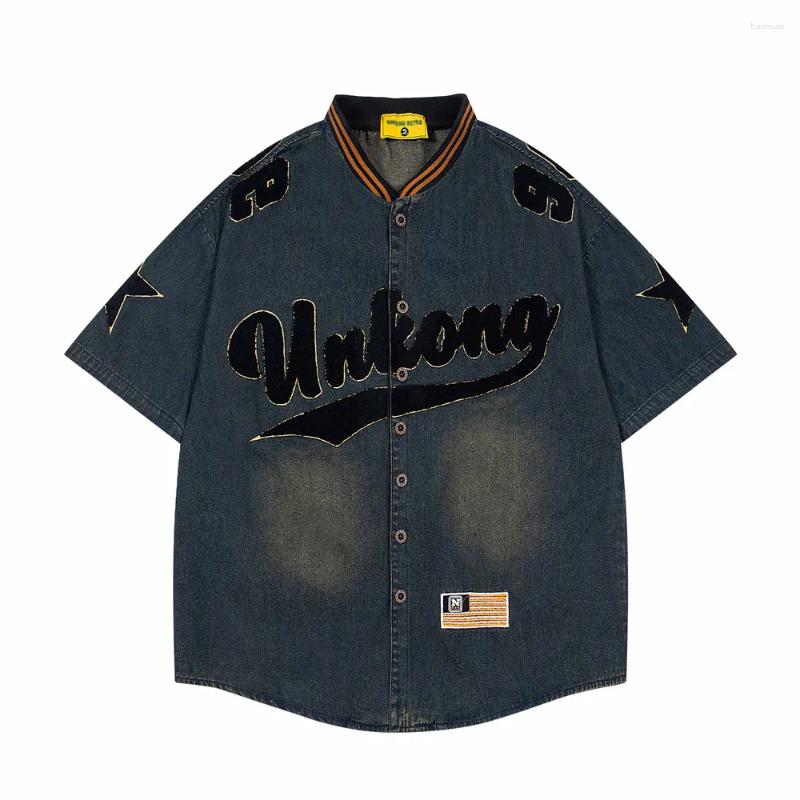 Men's Casual Shirts Letter Embroidery Denim Short Sleeve Mens Retro Streetwear Washed Distressed Spliced Stand Collar Single Breasted