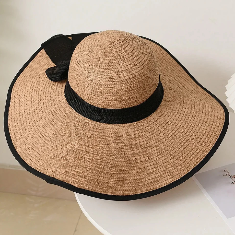 1pc Womens Oversize Brim Straw Hat Womens Summer Sun Block Big Brim Hat Seaside Bow Beach Hat Suitable For Sun Protection 250227