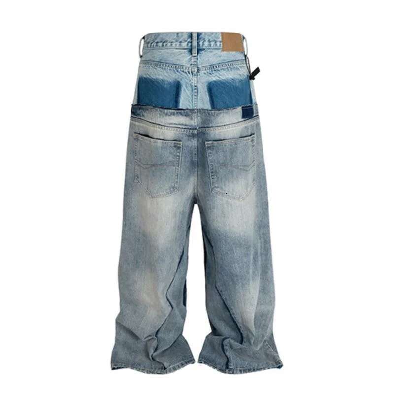 HKSH Spring Autumn New Men's Tide Punk Ripped Denim Pants Women's Spliced Double Layer Waist Baggy Jeans Streetwear Chic Hk3747