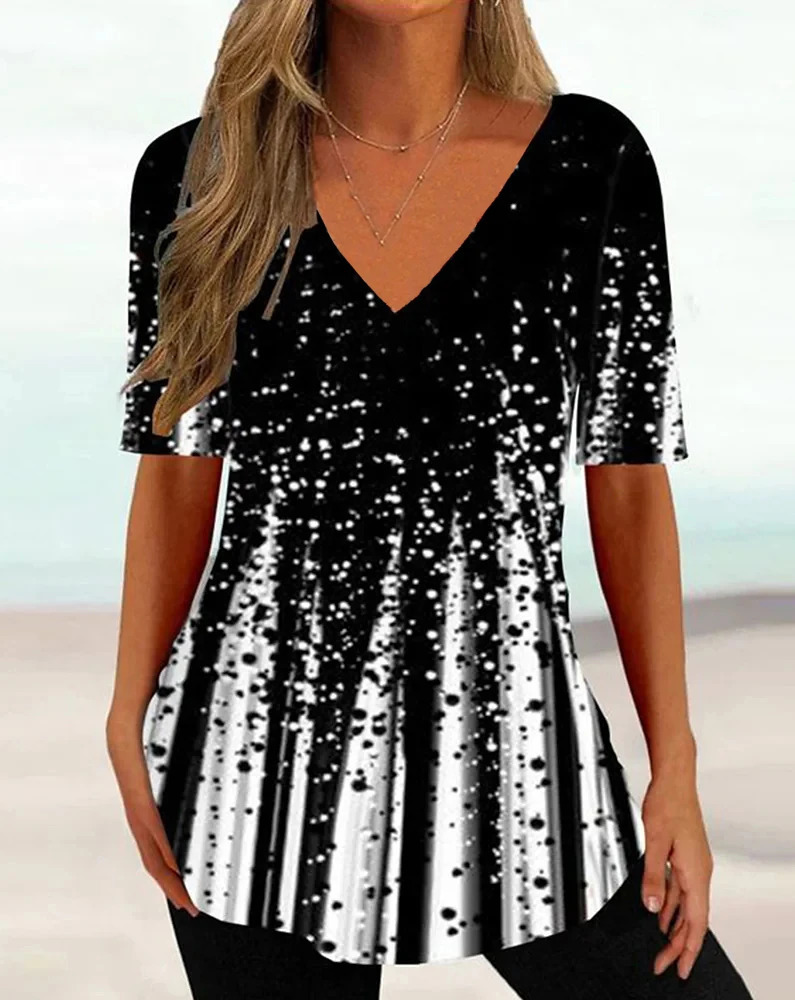 Simple Womens T-shirt 3d Wave Curve Tee Fashion V-neck Summer Short Sleeve Loose Streetwear Female Clothes Casual Tshirt Ladies 250303