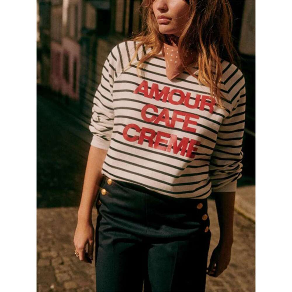 Cotton Sweatshirt Women's Letter Stripes Print Top 2025 New O-Neck Long Sleeve Female Loose Pullover Early Spring