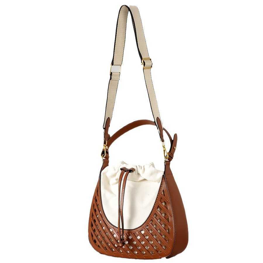 PU woven bucket bag summer hollow drawstring shoulder crossbody bag dark brown handbag for women 250315
