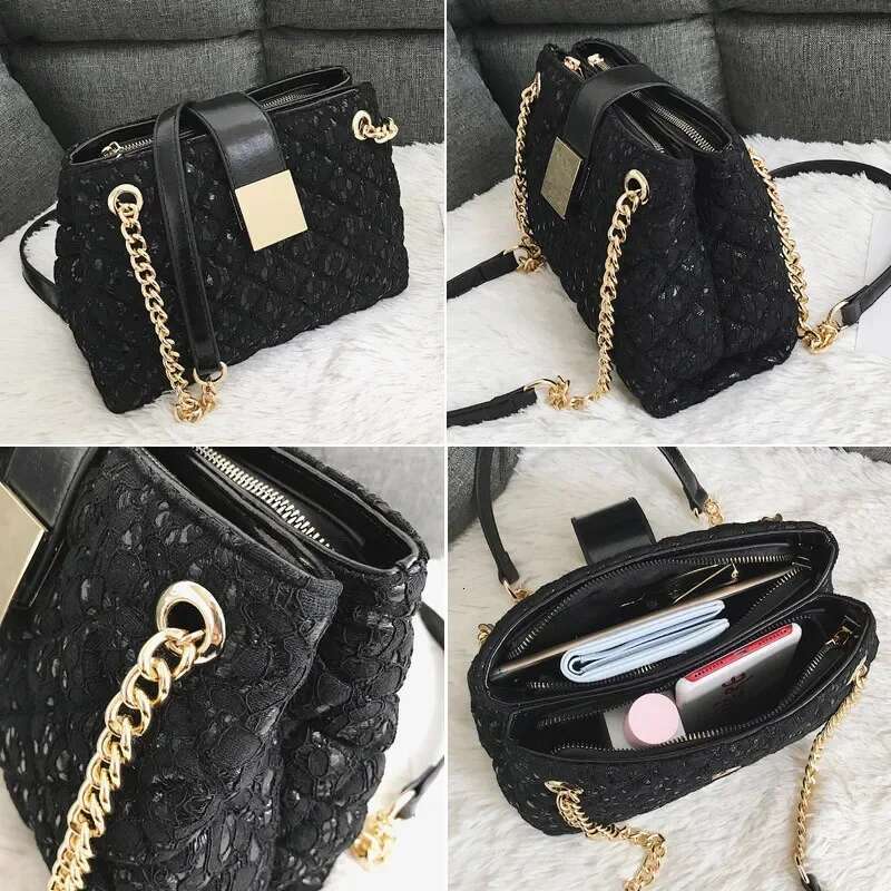 Lace Handbag Chain Women's Handbag Pu Leather Women's Crossbody Bag Bolsa Feminina Black