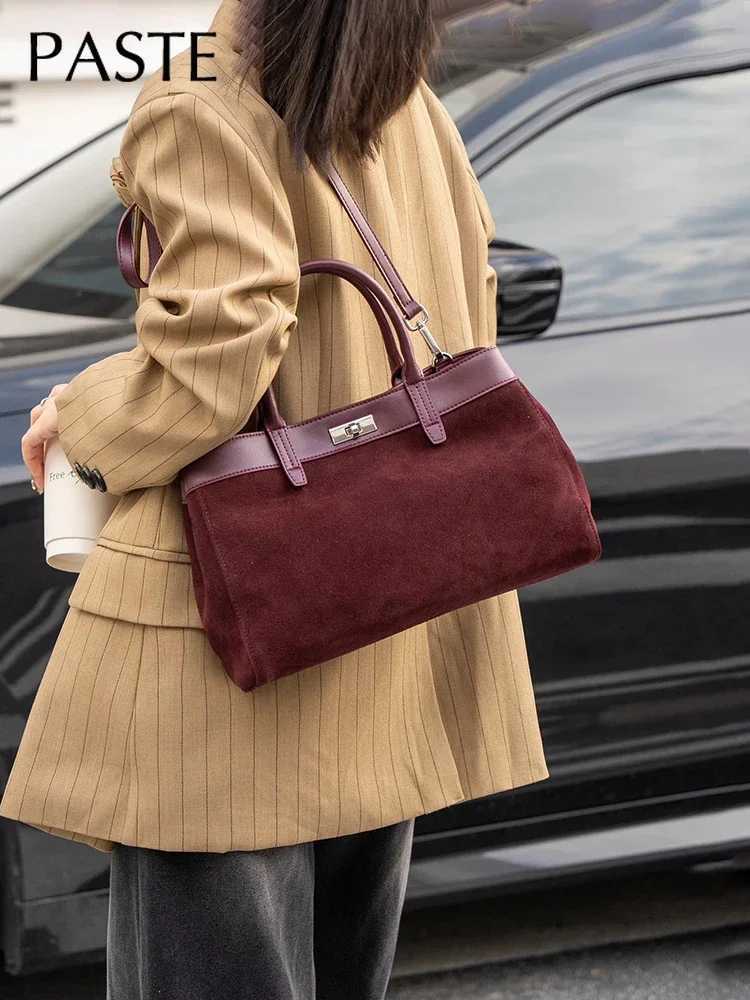 New Wine Red Chamois Tote Large Real Suede Cow Leather Women Hand Bag High-end Female Shoulder Bag Commuter Travel Shoulder Bag Z250303
