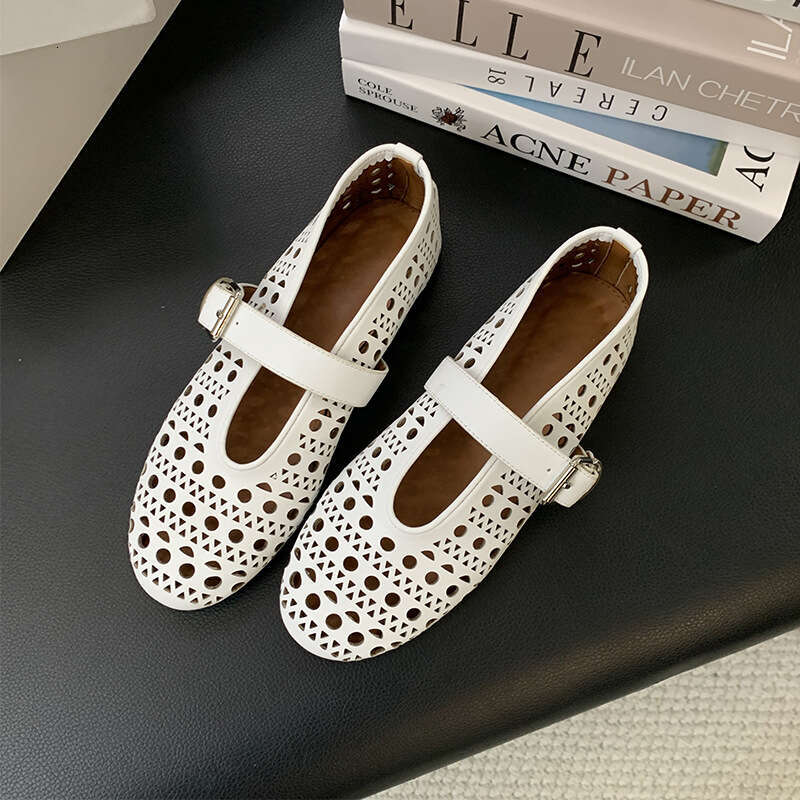2024 Spring and Autumn New Fashionable Versatile Ballet Hollow Breathable Small Leather Shoes for Women Round Headed Shallow Mouth Flat Bottom Jumping