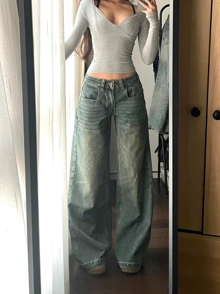 HOUZHOU Y2k Vintage Baggy Jeans for Women Washed Casual High Waist Loose Denim Pants Streetwear Korean Wide Leg Jeans Trousers 250228