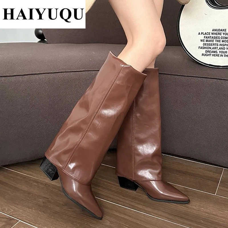 Knee High H Wen Boots Leather Chunky Fion Shoes Pointed Toe Snow Long Boots New Designer Pumps Punk Botas Mujer Z250304