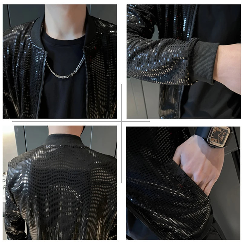 Mens shiny sequin windproof jacket bomber fashion streetwear hiphop lightweight gold disco gothic dance costume 250304