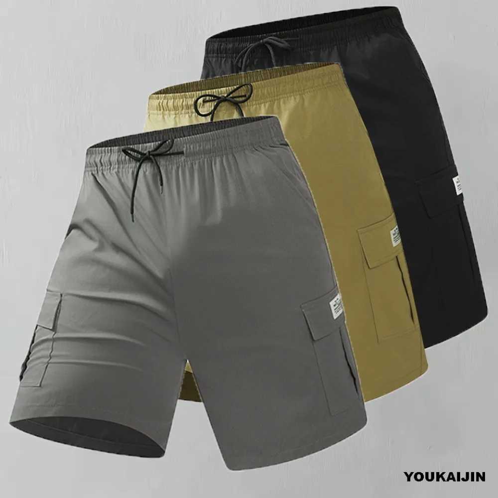 2025 Mens Multi Pocket Cargo Shorts Khaki Grey Black Casual Knee Length Drawstring Cargo Shorts for Summer Bermuda ShortsT250304