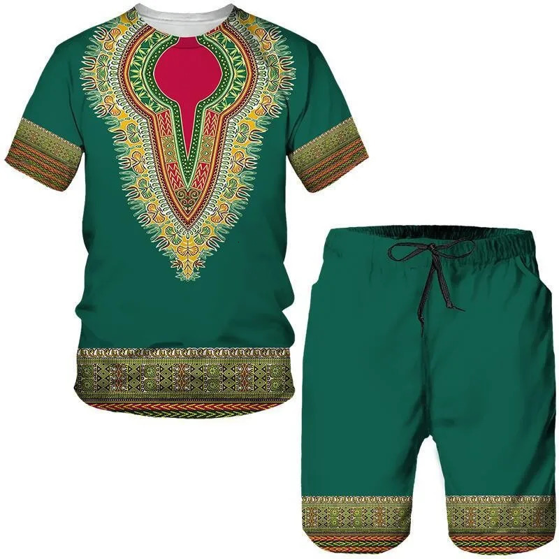 Summer Mens African Dashiki Culture Shorts Set 3D Tribal Printed Womens Short sleeve T-shirt Set Unisex Sports Casual Suit 250303
