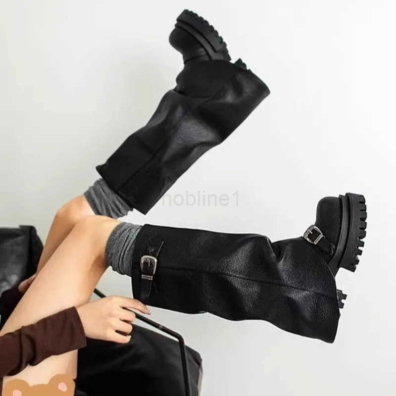 Platform Chunky Wen High Boots Fad Buckle Leather Mid H Shoes 2025 Trend Designer Knee High Mortorcycle Winter Botas Mujer Z250304