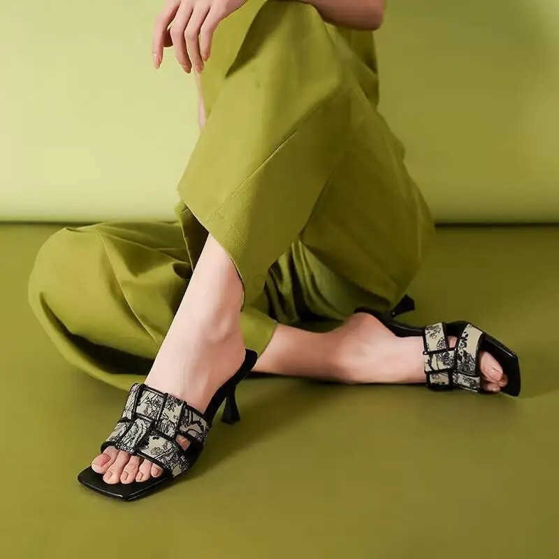 Black French Wens Sandals Wens 2024 New Summer Slippers High H To Wear Fi Printed Flip-flops Soft Leather Z250304