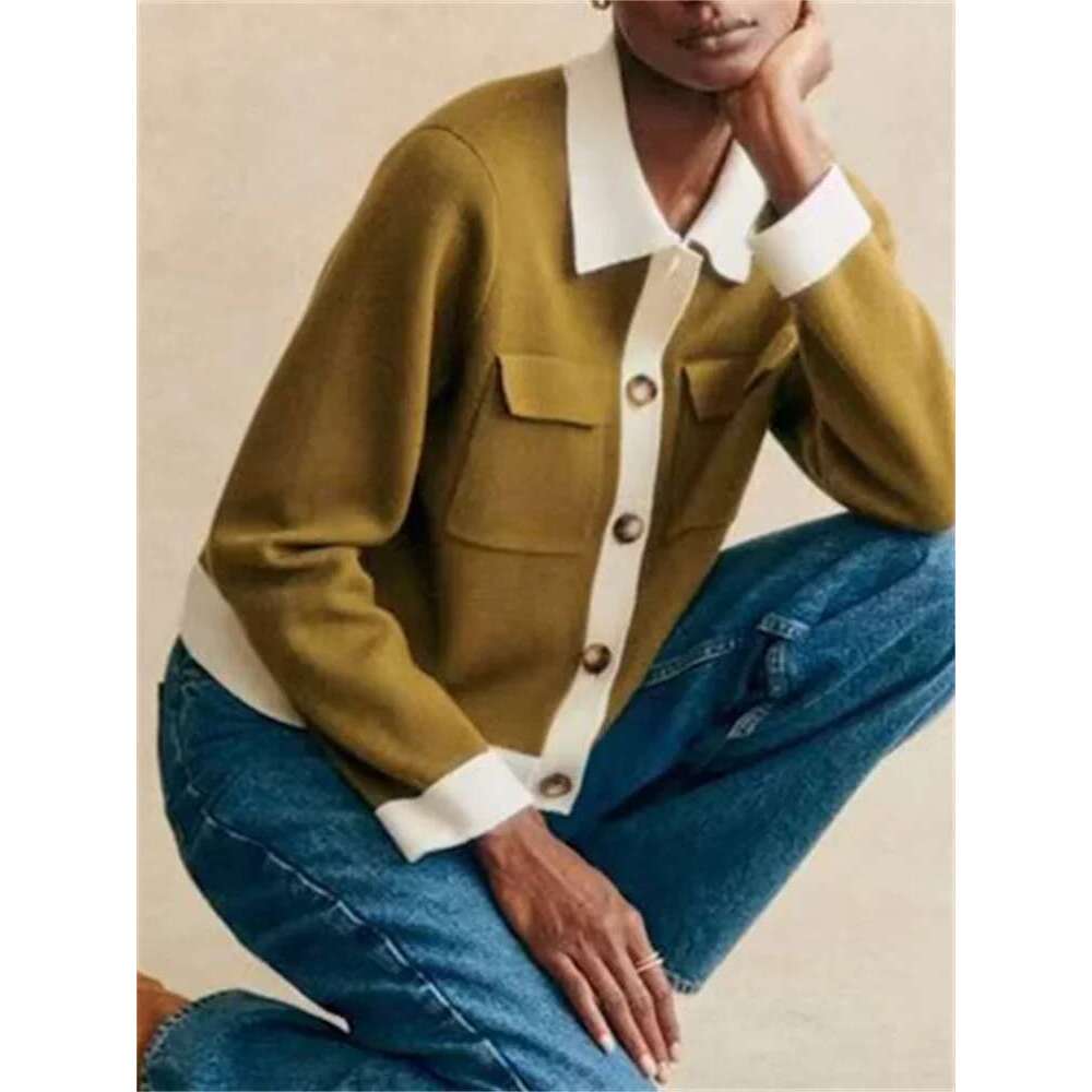Women Contrast Color Wool Knit Cardigan Fashion Single Breasted Turn-Down Collar Female Double Pockets Sweater Coat Top