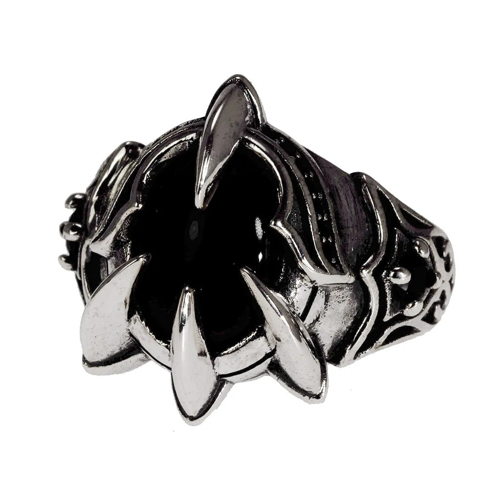 Real Pure 925 Silver Ring Cool Antique Paw Ring Mens Natural Stone Oval Black Agate Retro Hip Hop Adjustable Jewelry 250227