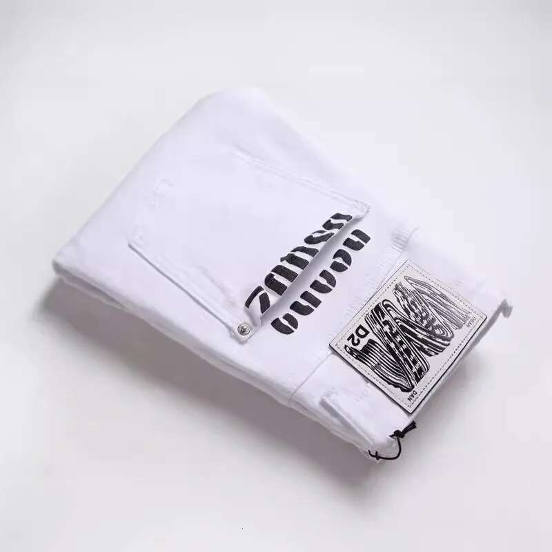 Pure White Jeans Slim Hole Elastic Four Seasons Casual Cotton Men's Basic Washing Process