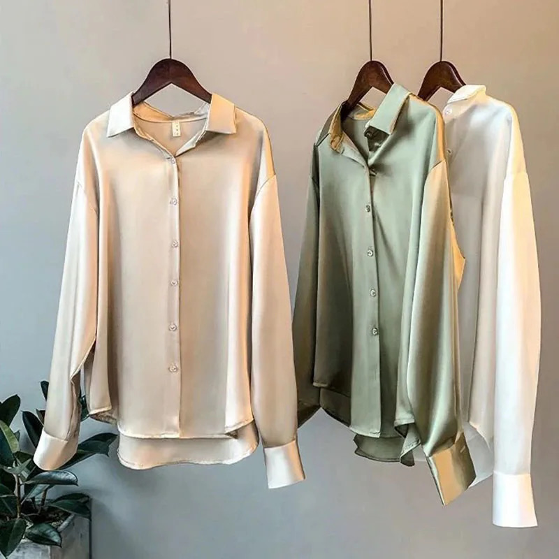 Women Autumn Shirt Vintage Satin Blouse Long Sleeve Button Down Silky Shirt Work Office Top Ladies Casual Shirt 250303