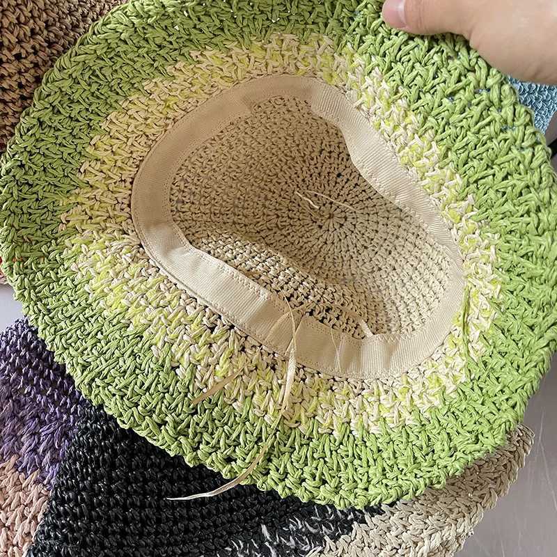 Women Spring Summer Breathable Sun Handmade Crochet Contrast Stripe Fresh Colors Per Bucket Str HatXJ250304