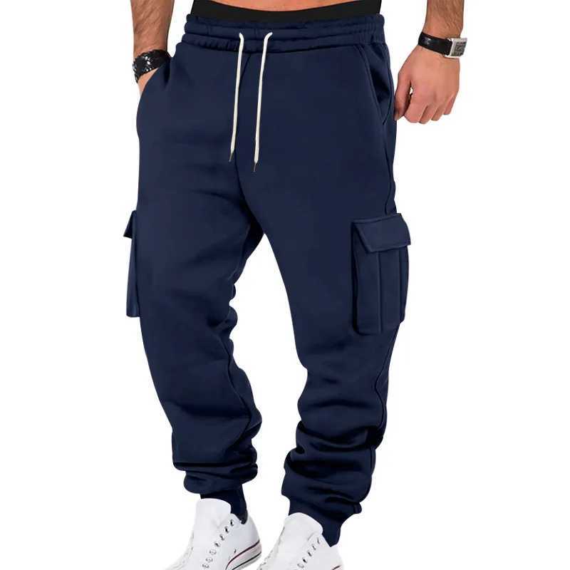 Autumn and winter wool lined mens sports pants multi pocket drawstring cargo pants outdoor sports jogging pants cuff sports pantsXJ250303