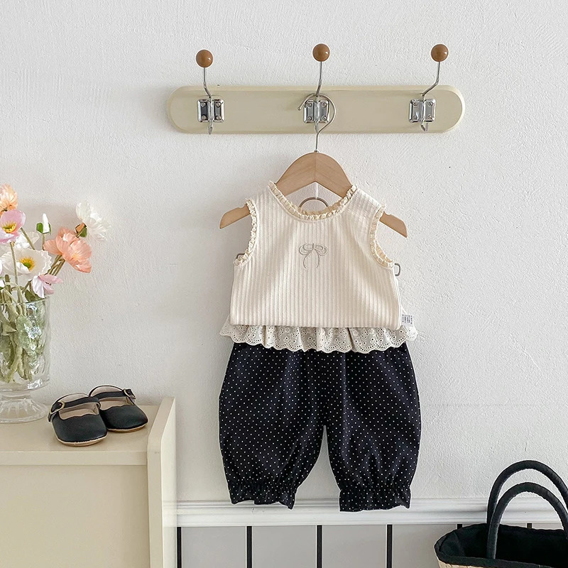 Summer Dot Print Pants for Girls Lace Patchwork Baby Childrens Shorts Versatile Matching Vest Thin Coat Kids Clothing 250304