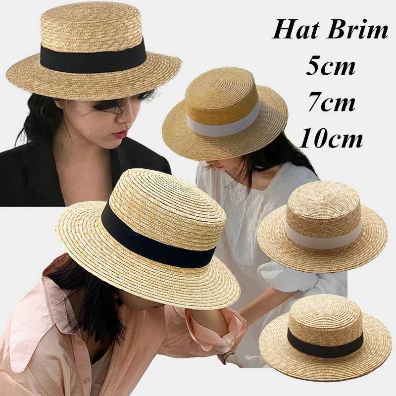 Summer Black White Ribbon Beach Sun Hats Women Men 5/7/10cm Wide Brim Uv Protection Str Hat Female Round Flat Top Panama CsXJ250304