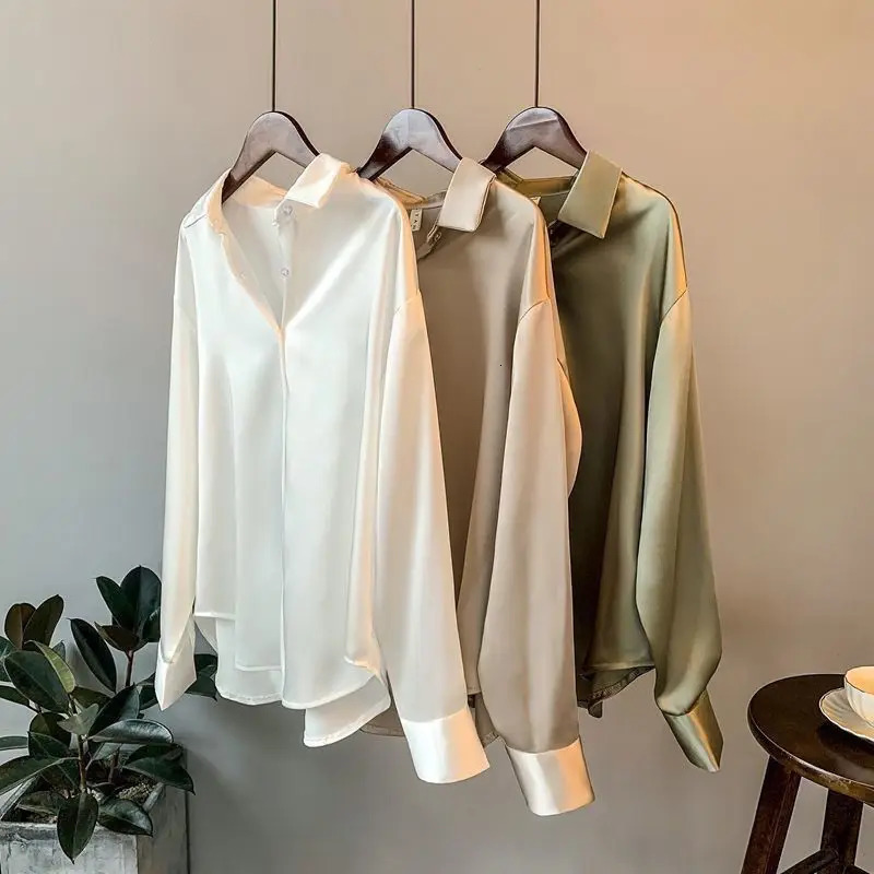 Vintage Women Ribbon Satin Blouse Tops Autumn Spring Turn Down Collar Long Sleeve Button Loose OL Shirts GGFS2 250303