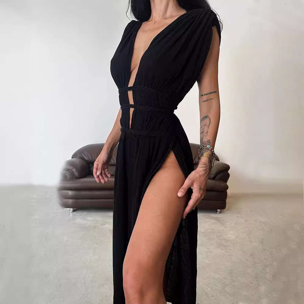 Bohemian style en blend sleeveless braided belt with hollowed out slit long skirt, 2025 new casual fashion trend clothing