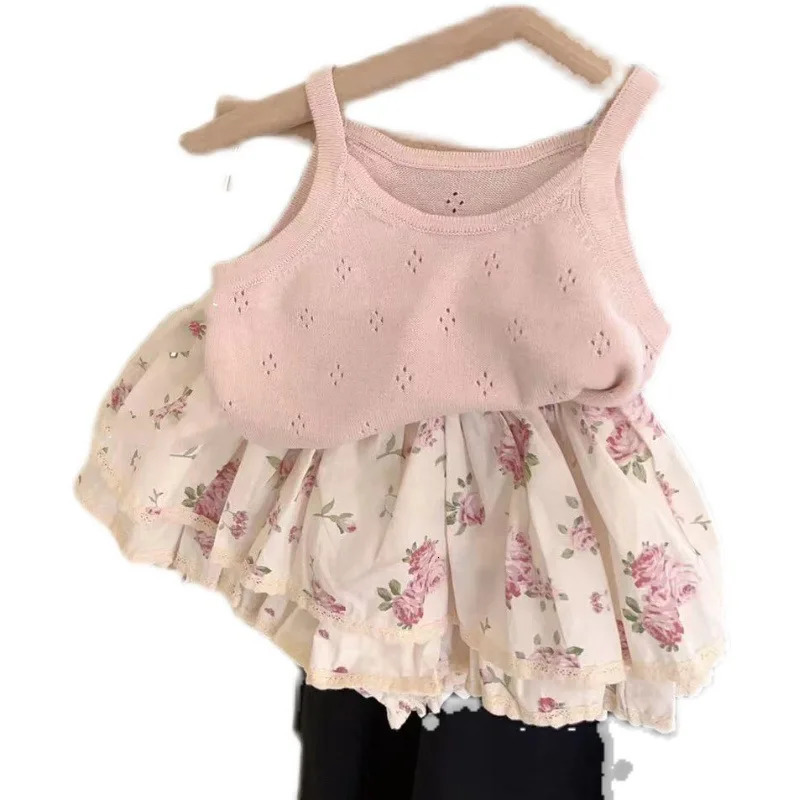 Ins Summer Toddler Girl Outfit Hollow Cool Slip Tees Lace Rose Flower Bud Shorts Baby Girl 2PCS Clothes Set Kid Girl Suits 250304