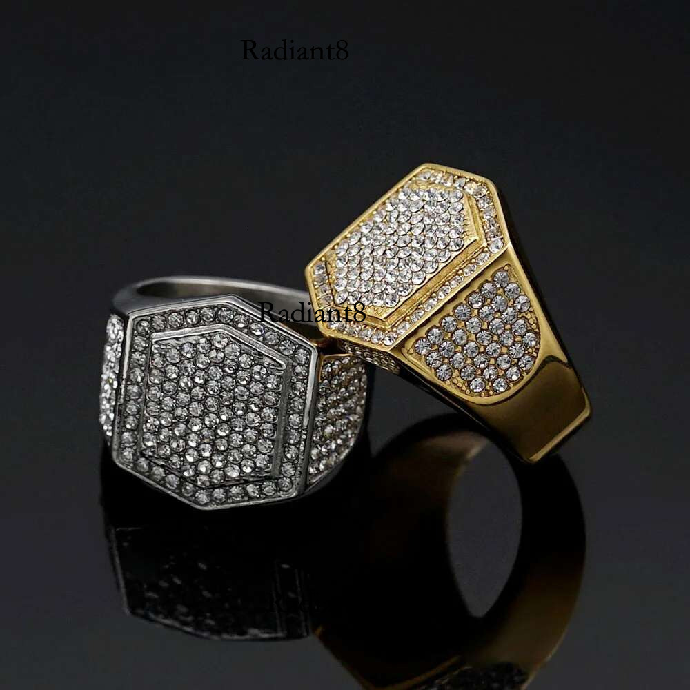 Hip Hop Full Rhie Larger Finger Rings for Men Shiny Stainless Steel Golds Color tail Ring Gift Party Jewelry Wholesale