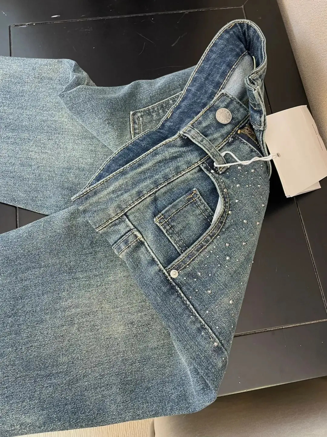 Retro Washed Diamond-encrusted Jeans Womens Spring Sense High-waisted Straight-leg Pants Loose Wide-leg Mopping Pants 250228