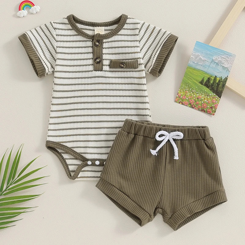2Pcs born Baby Boy Summer Outfits Round Neck Short Sleeve Striped Button Romper Elastic Waist Shorts Waffle Knit Set 250304