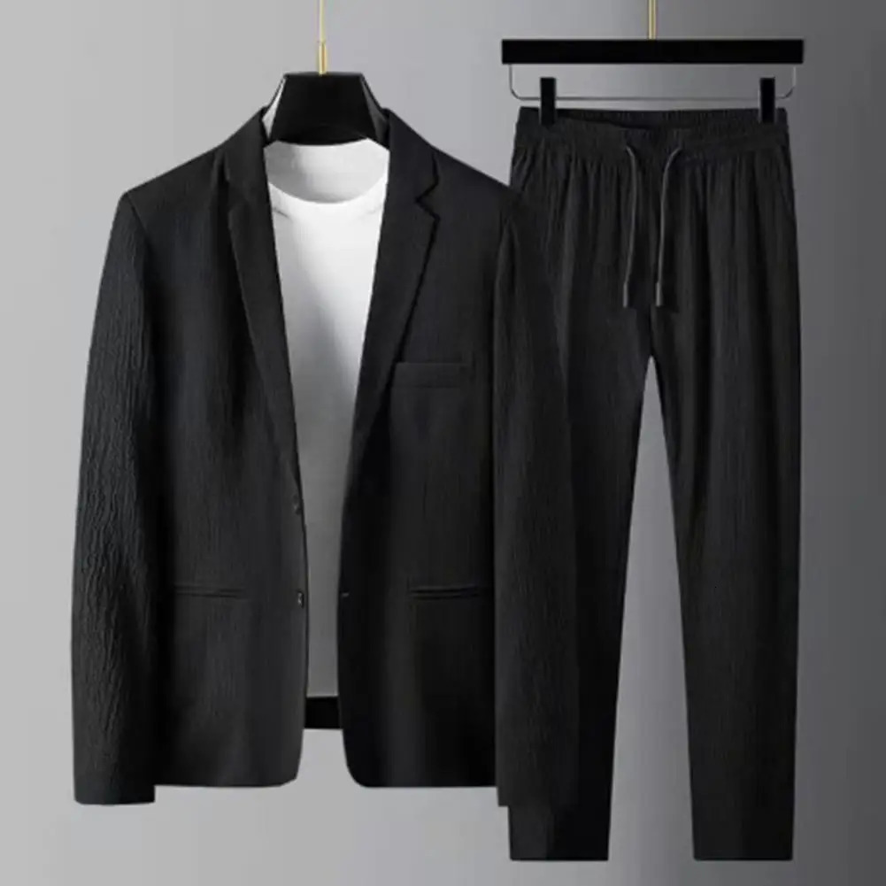 Men Two-piece Suit Striped Pleated Men Blazer Pants Set Pleated Drawstring Loose Lapel Pockets Thin Formal Business Men Set 250303