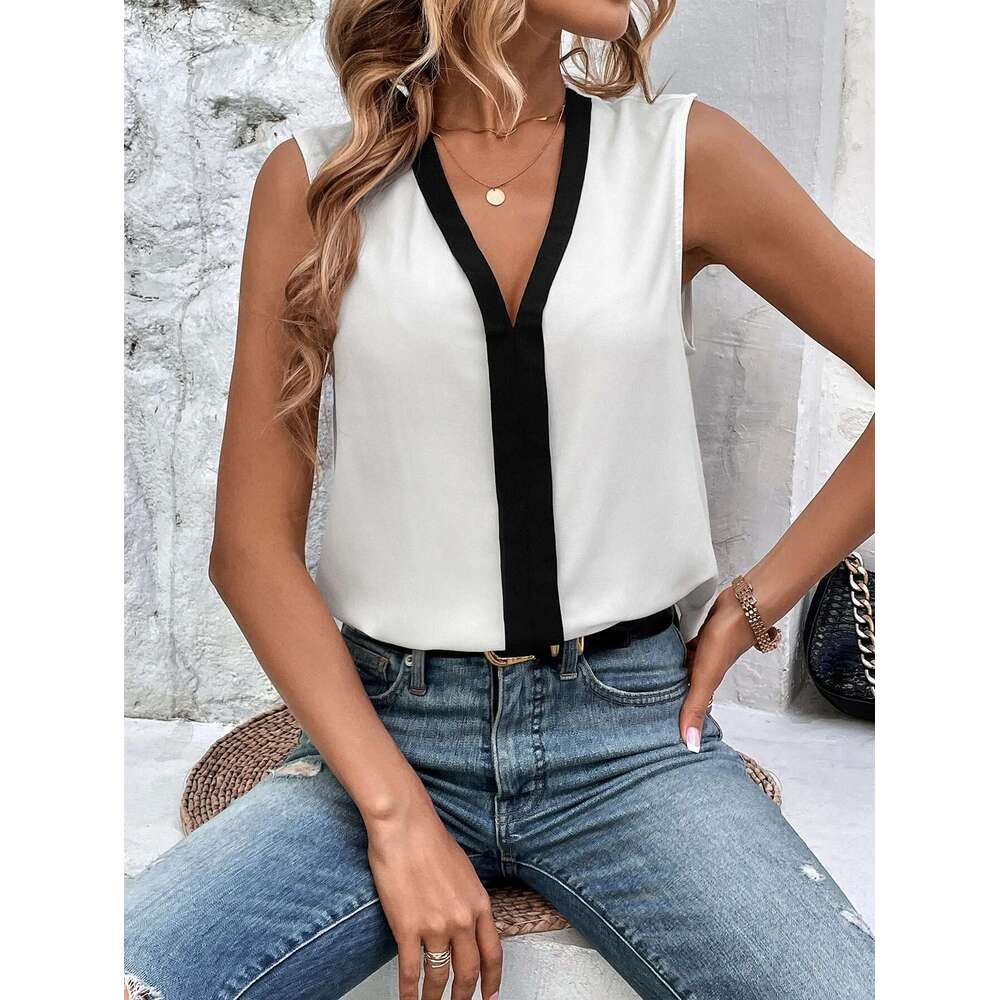 Small Elegant fashion V-neck sleeveless color contrast fine edge casual women's vest shirt
