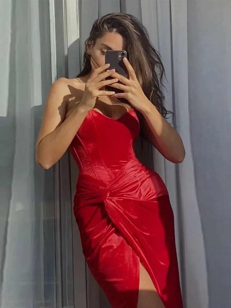 Red Strapless Velvet Knot Dress, Back Lace Up, Waist Cinching, Party & Evening Wear C260312