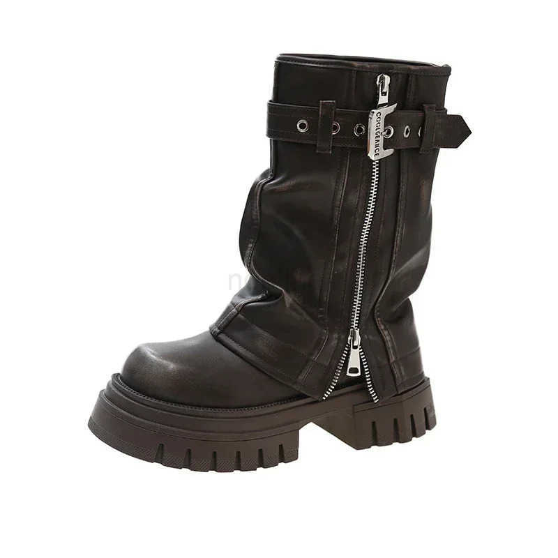 2024 New Shoes for Wen Belt Buckle Wens Boot Fion Side Zipp Modern Boots Wen High Quality Round Toe Mid-Calf Zapatos Z250304